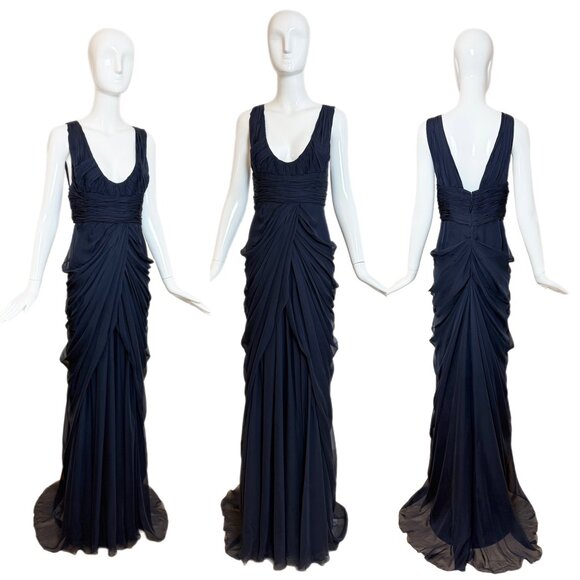 J. MENDEL Vintage Plunge Neckline Navy Blue Silk Grecian Evening Gown w. Train